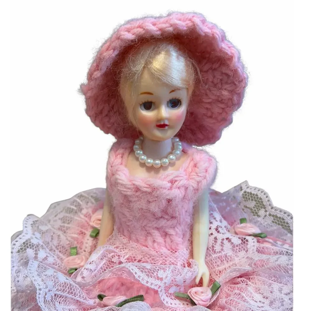 Vintage Handmade Crochet Doll Dress Toilet Paper Cover Pink Yarn Lace Pearl Hat